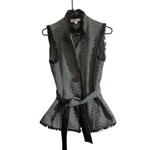 Bushwacker Vest Jacket Women M Brown Belt Fringe Tweed Pocket Academia